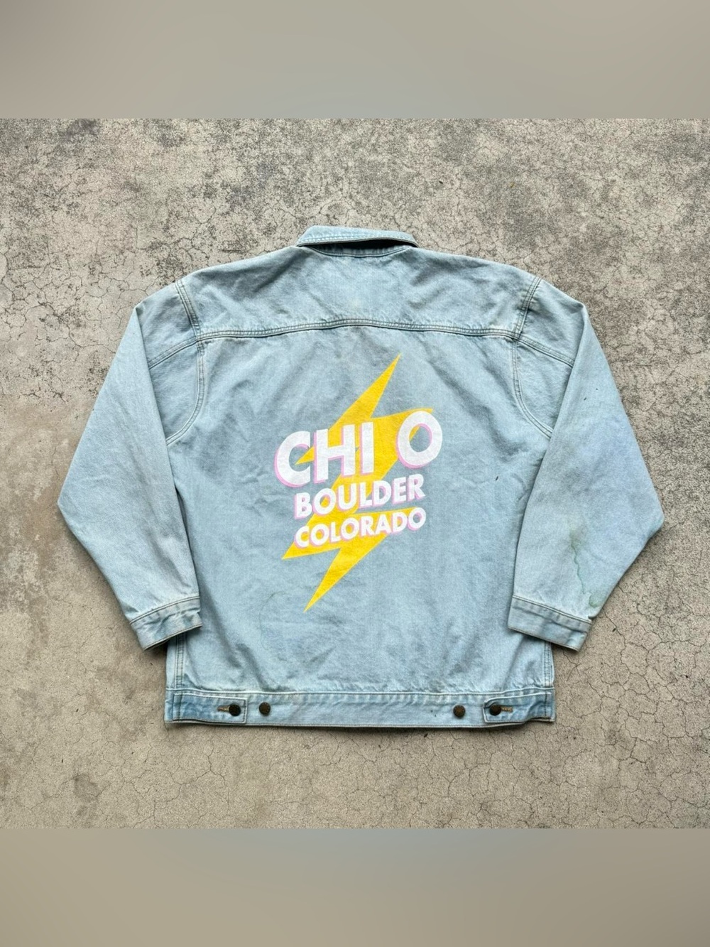Vintage Distressed CHI OMEGA Boulder Colorado Sorority Cobra Denim Jacket